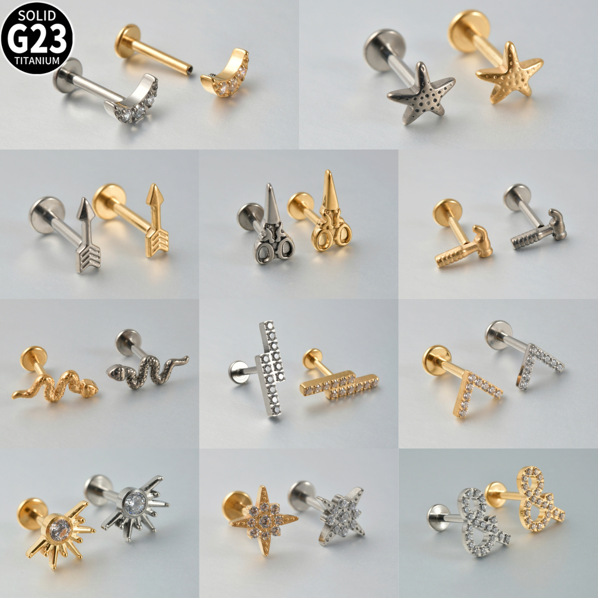 1PC G23 solidny tytan nożyce wąż chrząstka kolczyki Stud 16G gwint wewnętrzny cyrkon Helix ucho Tragus Piercing biżuteria