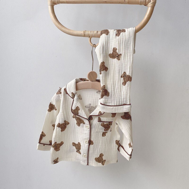 Pigiama per bambini primavera autunno Cardigan e pantaloni orso stampato manica lunga Comfort carino neonato ragazza cotone Musline filato indumenti da notte