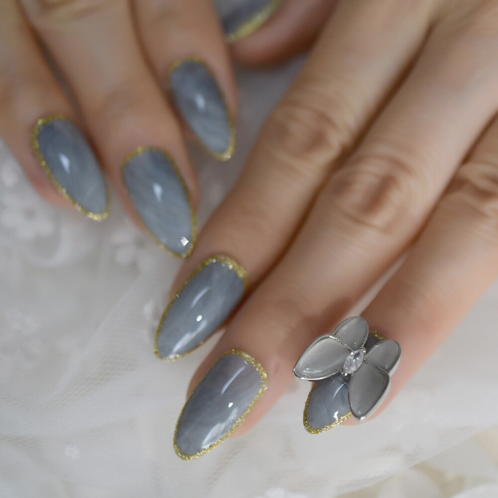 Legeret sommerfugl nail art falske negle marmor medium stilleto tryk på fingernegle med guld streg