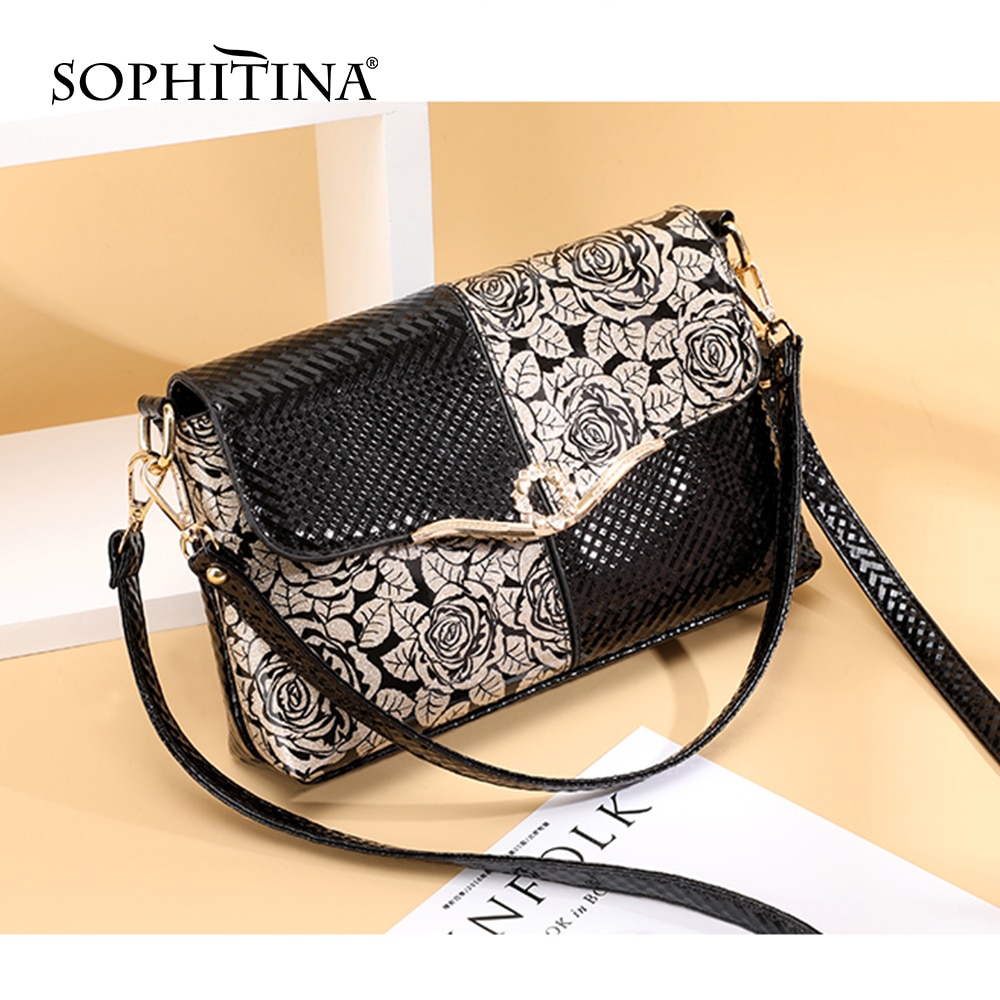 SOPHITINA Women Bags Metal Decoration Zipper Envelope Flap Pocket Flowers Pattern Shoulder Bags Casual Women Messenger Bags E85