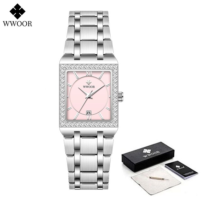 WWOOR Reloj Neue Damen Diamant Uhr oben Luxus Platz Armbanduhr Einfache Frauen Kleid Kleine Uhr Relogio feminino: Orange