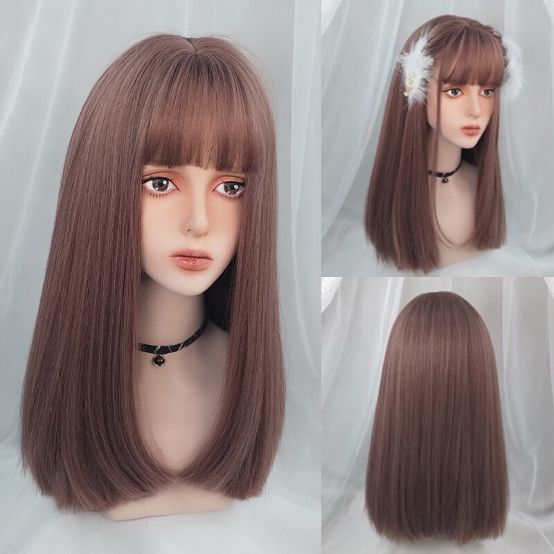 VICWIG Medium Length Cosplay Wig With Bangs Light Orange Synthetic Straight Hair Heat-resistant Rose Net Wigs For Women