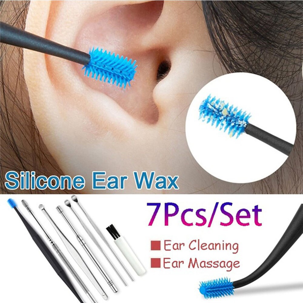 7 Pcs Ear Wax Remover Set Double-Ended Spiraal Oor Pick Lepel Siliconen + Rvs Earpick Lepel Curette oor Schoonmaken Tool