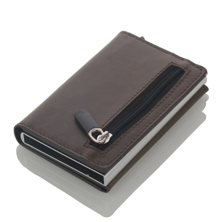 Porta tarjetas de crédito antirrobo para hombre, billetera de cuero Rfid con bloqueo, tarjetero metálico de aluminio Unisex con información de seguridad: Coffee