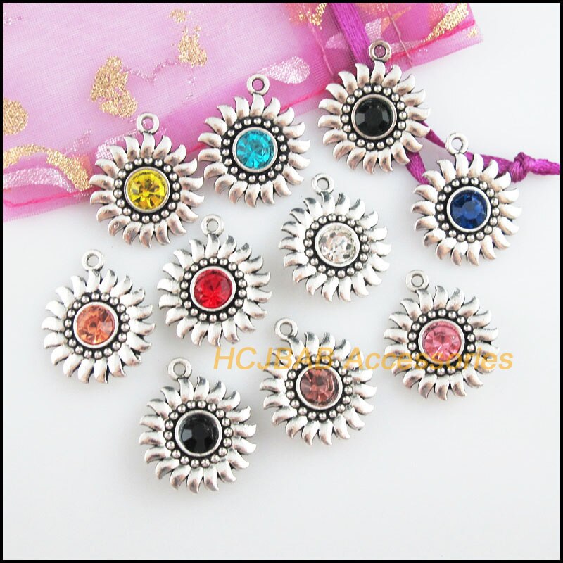 20 Sun Charms Tibetan Silver Tone Retro Mixed Crystal Pendants 20x24mm