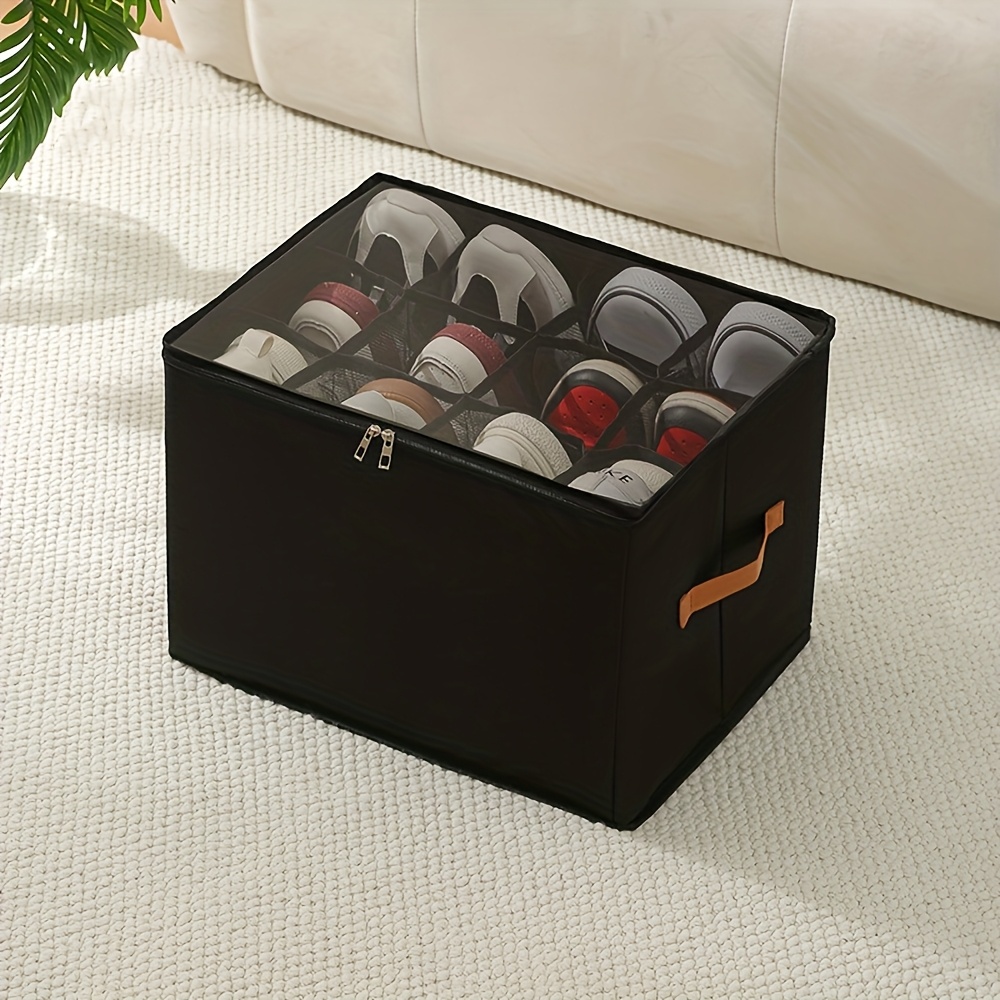 Organizador de zapatos plegable con tapa, caja de almacenamiento de tela Oxford a prueba de polvo para zapatos, accesorios de ropa, organización del armario del hogar: Negro