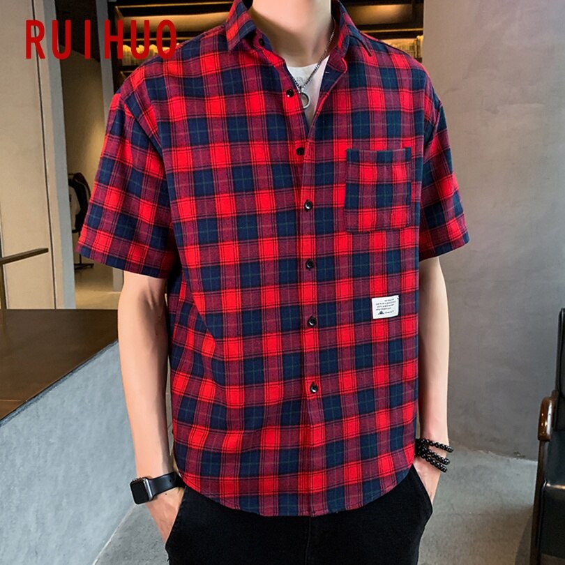 Ruihuo röd svart rutig kortärmad skjorta herr stor storlek hawaiisk kortärmad skjorta man sommarkläder m -4xl