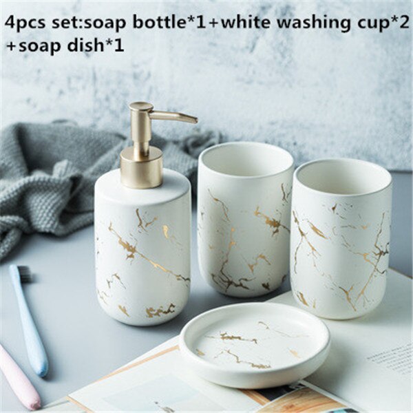 Luxe Keramische Badkamer Accessoire Set Marmeren Zeepdispenser Pomp Fles Thuis Paar Mondwater Cup Zeepbakje Wassen Gereedschap: white 4pcs set