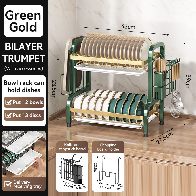 Estante de secado de platos de 2 niveles con soporte para utensilios, estantes ajustables, organizador de cocina que ahorra espacio, sistema de drenaje, gabinete de almacenamiento: Transparente