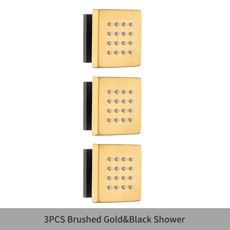 Square Black Body Rain Shower Spray Jets Bathroom Solid Brass Square Head Sprayer Set Saving Water Massage Jet System: 3PCS Gold Black