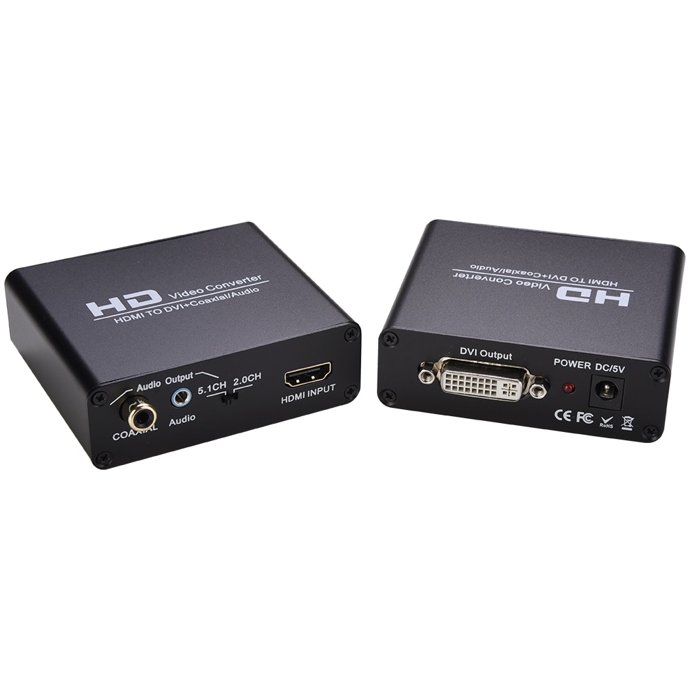 HDMI- to DVI Converter with Audio - Sound Splitter to 3.5mm AUX / 2 RCA Stereo &amp; Coaxial output Connector 1080P 720P, 5.1 &amp; 2CH