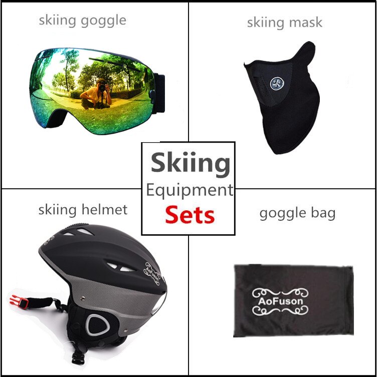 Ski Apparatuur Set Helm Met Goggle Veiligheid Integraal Gevormde Plus Size Plus Fluwelen Helm Dubbele Lagen Anti-Fog bril: Black Frame Gold / 59cm-61cm