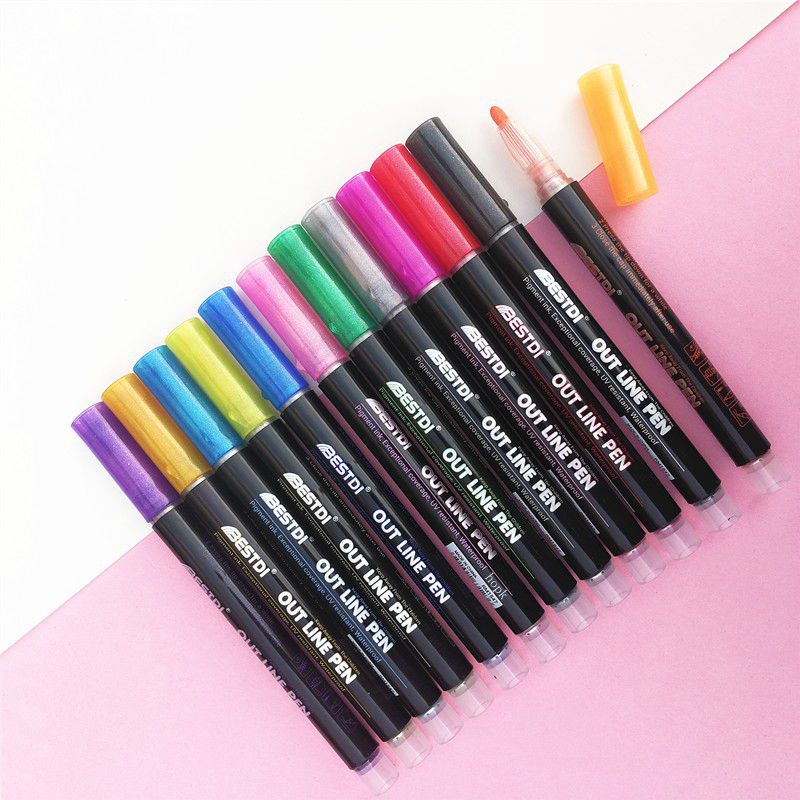 12 Color Metal Paint Marker Pen set Double Line Pen Outline Marker Glitter for Drawing Painting Doodling School Supplies
