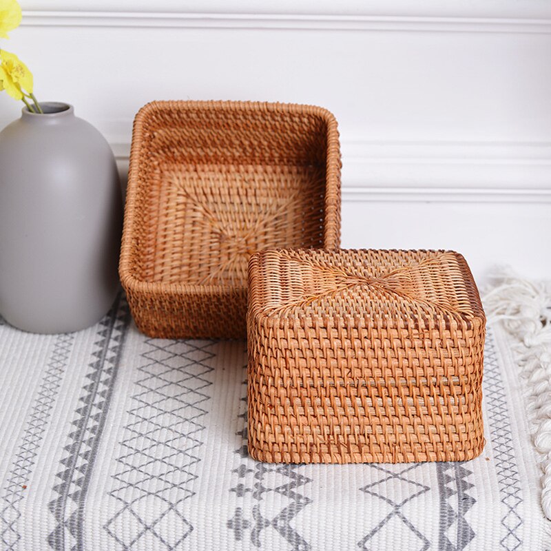 Cesta de mimbre tejida a mano, cestas cuadradas pequeñas y bonitas para almacenamiento de cosméticos, organización del hogar respetuosa con el medio ambiente, 2 piezas