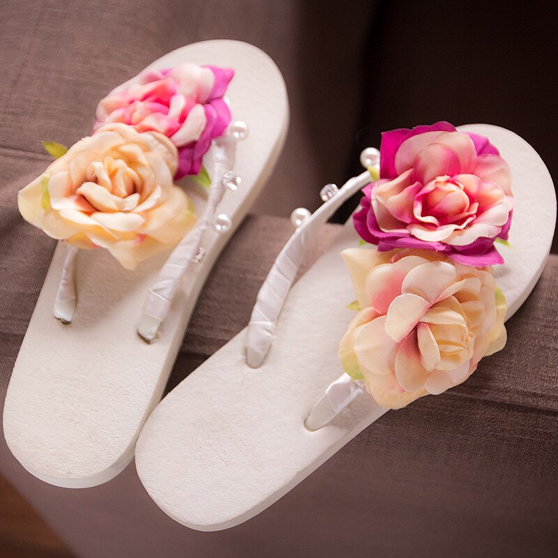 3cm High Heel Women's Summer Pure Handmade Flower Sandals Beach Vacation Flip-flops Womens Slippers Indoor Flip Flops Women