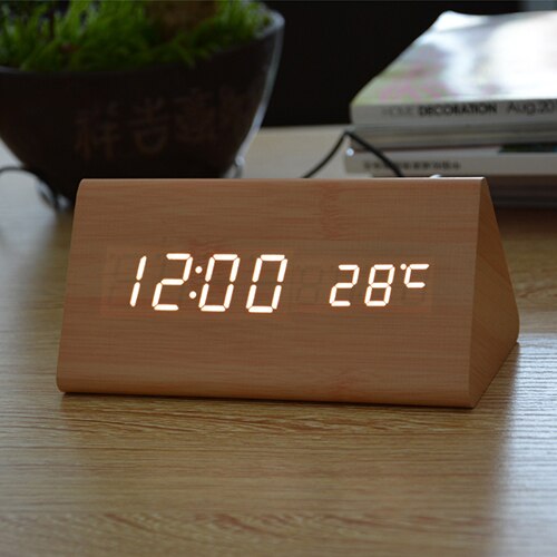 FiBiSonic Holz Digital LED Wecker Klang Kontrolle Holz Wecker LED Tisch Uhr Temperatur Kalender Uhr: Bambus Weiß