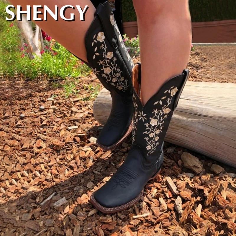 Nouvelle femmes bottes fleurs brodées Western bottes Cowgirl bottines femmes genou haute équitation Vintage bottes de plein air
