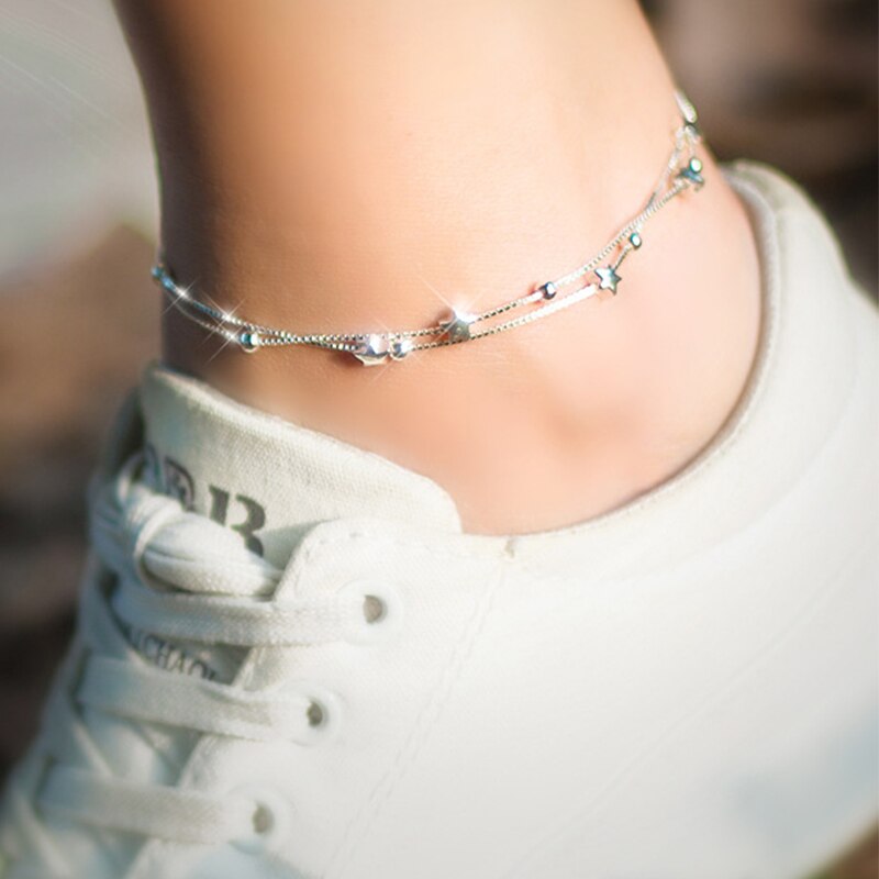 Sexy Barefoot Sieraden Sterren Kralen Dubbele Laag Enkelband Voor Vrouwen Meisje 925 Sterling Zilveren Voet Armband
