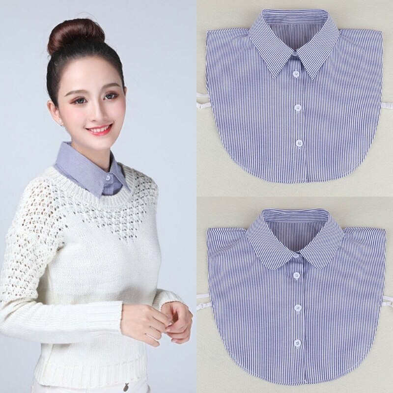 Koreaanse Office Lady Decoratieve Half Shirt Blouse Blauw Wit Verticaal Gestreepte Print Afneembare Valse Nep Kraag Dickey