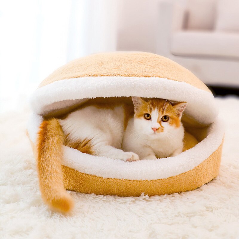 Lit Hamburger en coton pour chat, doux, coupe-vent, amovible, pour animal domestique, sac de couchage, grotte à câlin, petit chien