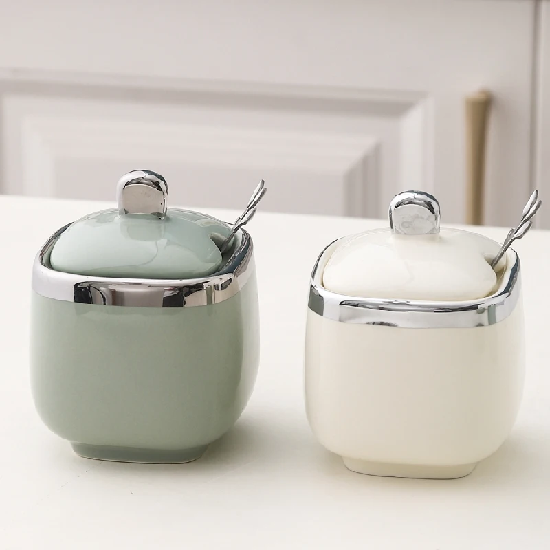 Ceramic Seasoning Jar with Spoon Kitchen Seasoning Storage Box Salt and Pepper Jar Household Storage Jar Ceramic Box Bottle