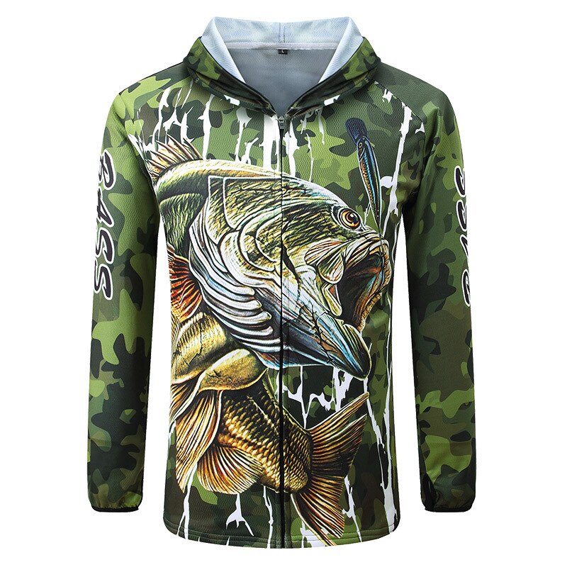 Sommer fisketøj sæt uv is silke hættetøj solbeskyttelse langærmet bas t-shirt bukser åndbar camouflage grøn: Xxl / Toppe