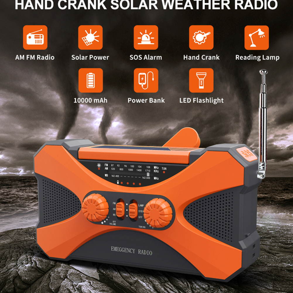 Emergency Radio 10000mAh Solar Hand Crank Portable AM/FM/NOAA SOS Radio with Flashlight&amp;Reading Lamp Cell Phone Charger radio: 10000mah B