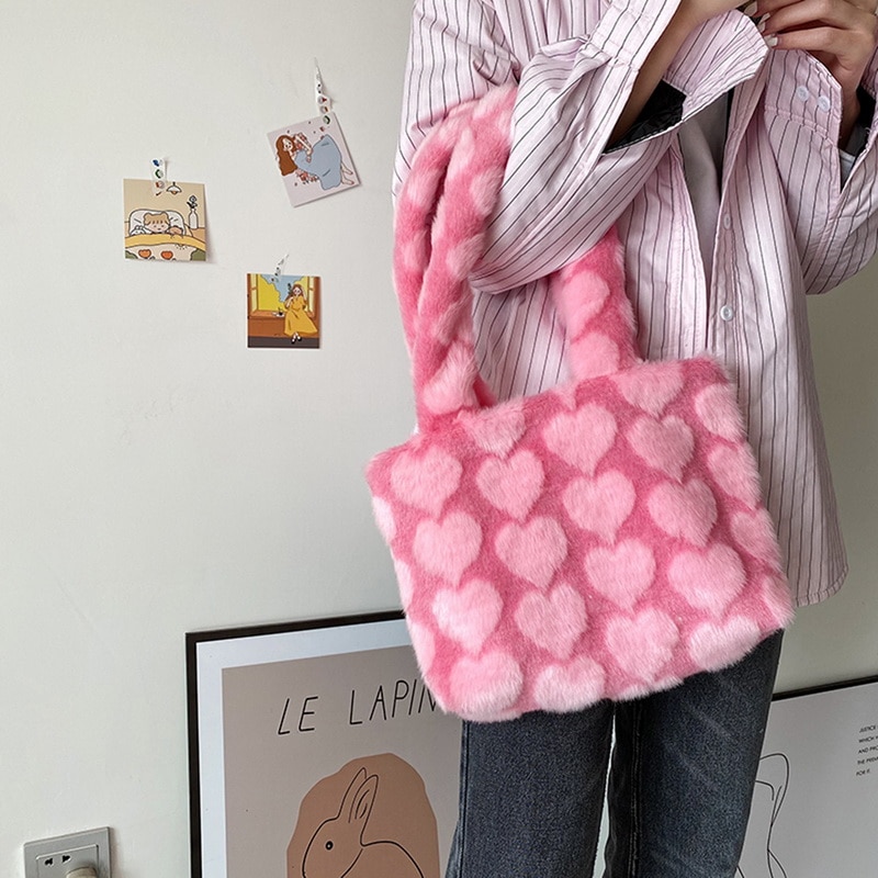 Fluffig plysch axel crossbody väska kvinnlig street väska stor kapacitet totes leopard zebra utsökt shoppingväska rosa