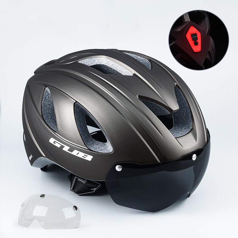 GUB-casco de bicicleta de carretera para hombre y mujer, con luz trasera integrada, gafas de seguridad, equipo de ciclismo: Matte Grey 1Lens