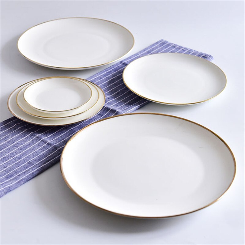 Brief Solid Round Ceramic Plate Bone China Golden Edge Dinner Plate Porcelain Household Breakfast Dishes Steak Tray Snack Plate