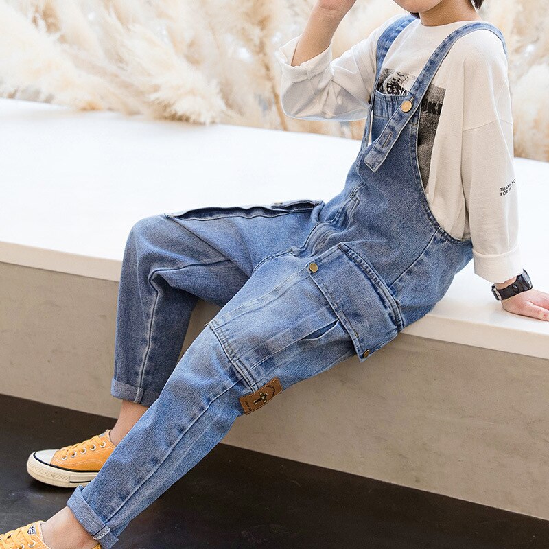 Blauwe Denim Overalls Jongens Werk Cargo Broek School Chic Multi-Pocket Bib Broek Jumpsuit Overalls Voor Grote Jongens 6-14 Jaar