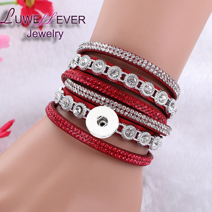 Verwisselbare Crystal 086 Steentjes Fluwelen Lederen Armband 18mm Drukknoop Sieraden Charm Bangle Voor Vrouwen 39cm: red