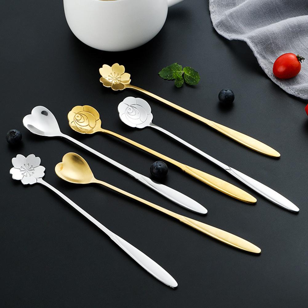 Kitchen Spoons Stainless Steel Teaspoons Long Handle Flower Heart Ice Cream Dessert Coffee Tea Spoons Mixing Spoon