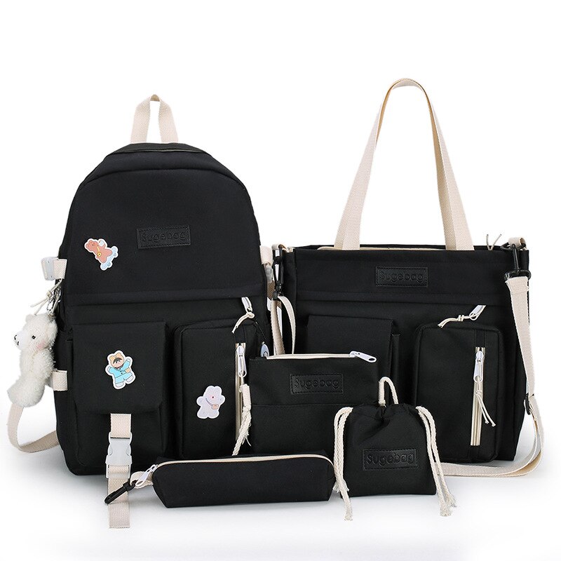 4 Stks/set Schooltassen Voor Tienermeisjes Rugzak Vrouwen Nylon Middelbare School Student Boekentas Multifunctionele Schooltas: Black
