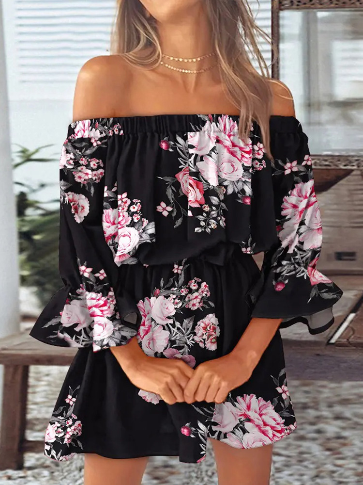 Sommer lässig Frauen Halb aufflackern Hülse Party Kleid Druck Schrägstrich Nacken Damen Mini Kleid Süße sexy Streetwear Vestidos: S / Beige