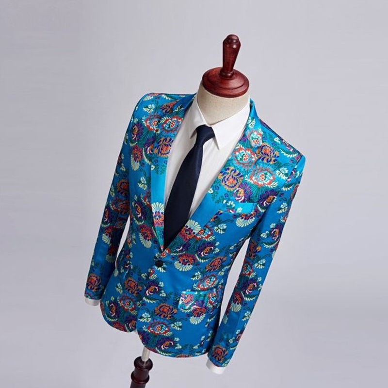 Men's Floral Print Suit Jacket One Button Lapel Lake Blue Slim Casual Suit Prom Party Dedicated Suit Jacket