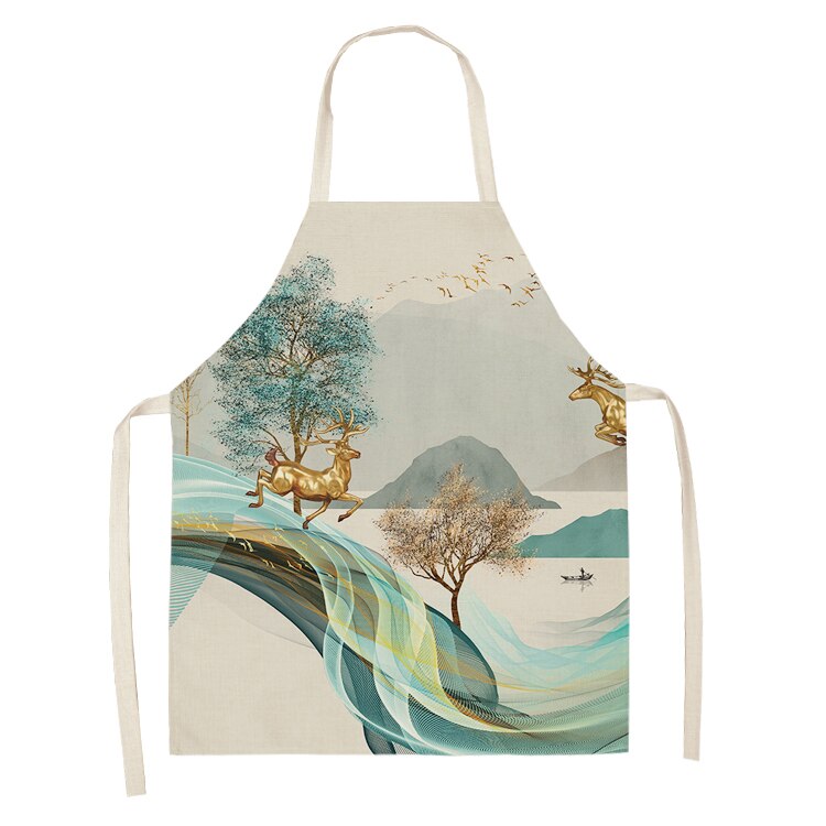 Gyllene rådjur fjäril köksförkläden för kvinnor bomull linne haklappar hushållsstädning pinafore husmanskost förkläde 53*65cm wql 0190: 2wq- wql 0190-18