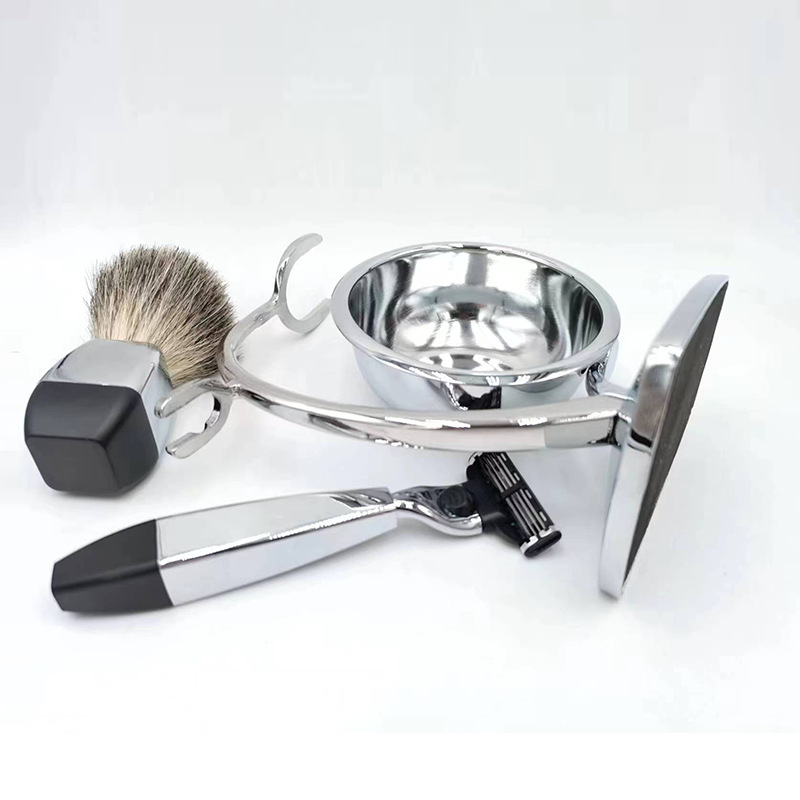 Juego de brochas de afeitar Premium para hombre, maquinilla de afeitar y cepillo de pelo, soporte para jabonera y cuchilla Manual de 3 capas