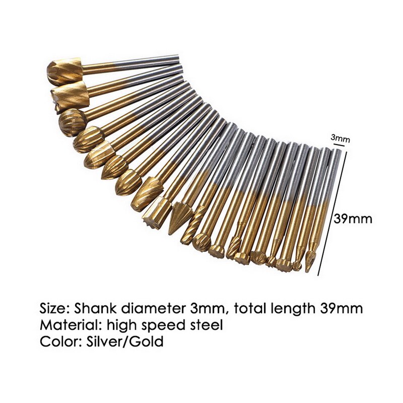 HSS Routing Router Bits Burr Set 3mm 1/8 Inch Shank for Woodworking Drilling Metal Wood Carving Engraving 20Pcs