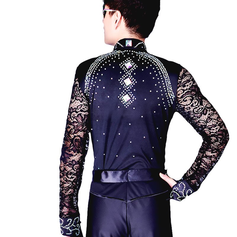 Ballroom Latin Dance Shirts Male Black Long Sleeve Lace V Collar Shirt Men Samba Cha Cha Dancing Tops Performance Wear