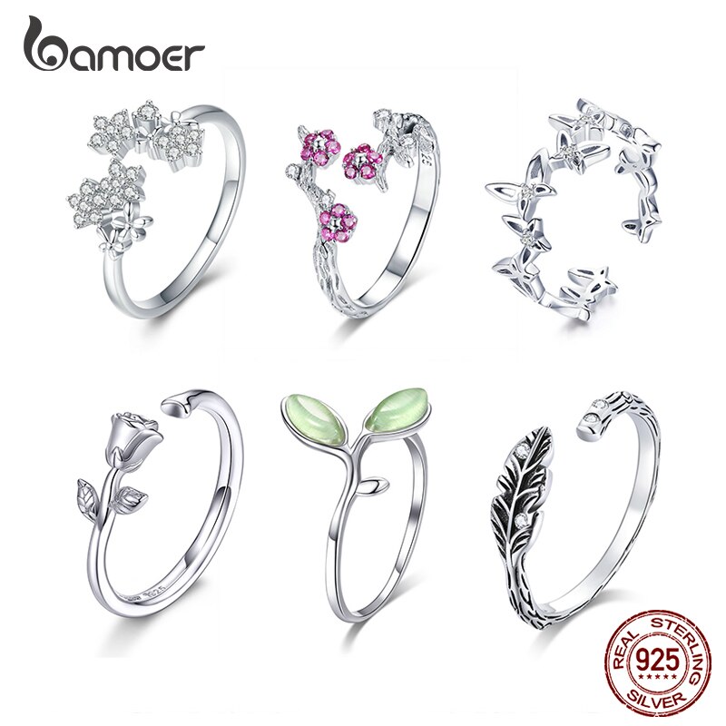 Bamoer Authentieke 925 Sterling Silver Plant Serie Bloem Vlinder Ringen Maat Verstelbaar Voor Vrouwen Luxe Bruiloft Sieraden GAR021