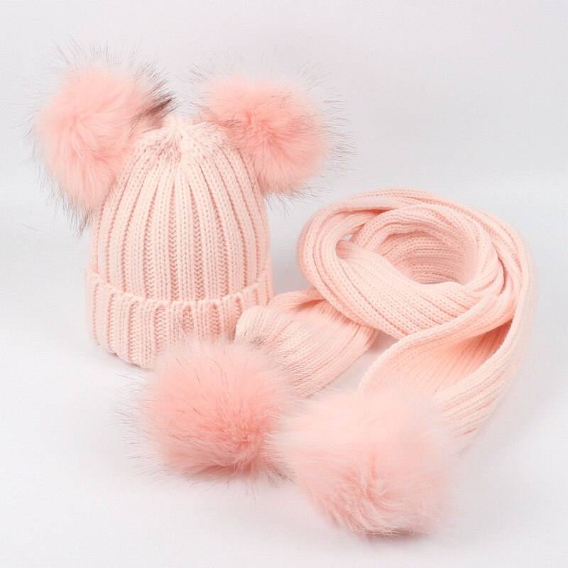 Conjunto de bufanda y gorro para niños y niñas, doble pompón de piel sintética, cálido, tejido, largo, Invierno: pink