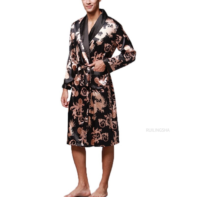 Stilfuld #39 badekåbe silke kimono lange ærmer morgenkåbe kinesisk lucky dragon print pyjamas mænd kjole badekåbe mænd hjemmetøj maskulin