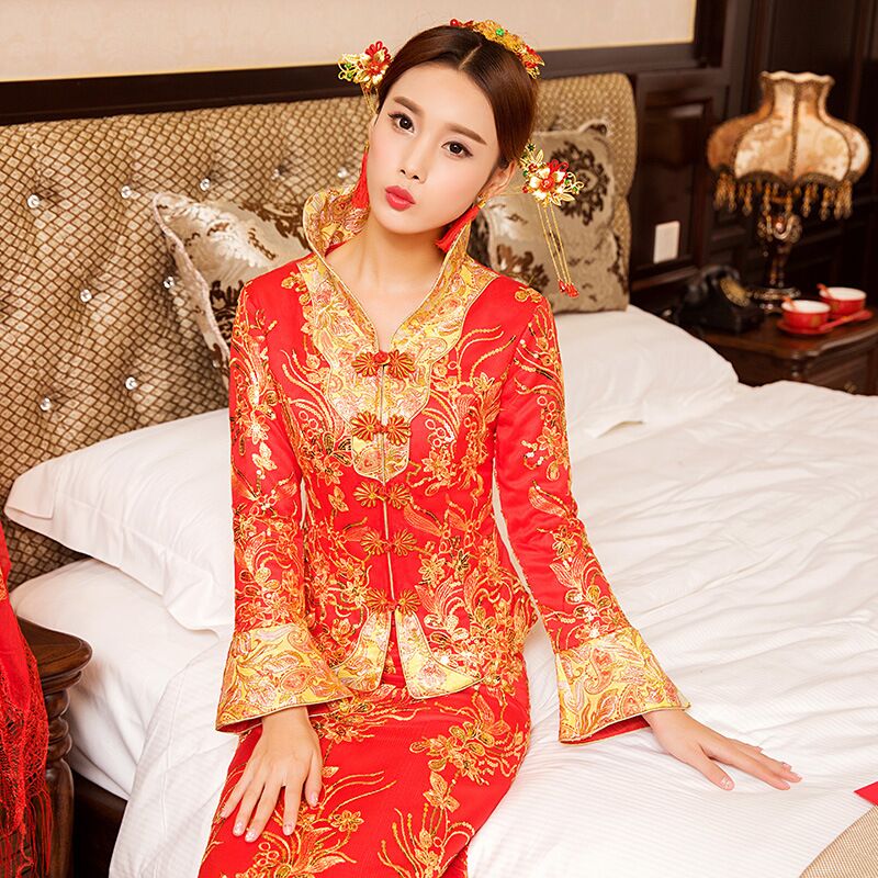 Rode Traditionele Chinese Trouwjurk Qipao Nationale Kostuum Womens Overzeese Chinese Stijl Bruid Borduurwerk Cheongsam S-XXXL: Style 1 / Xxxl