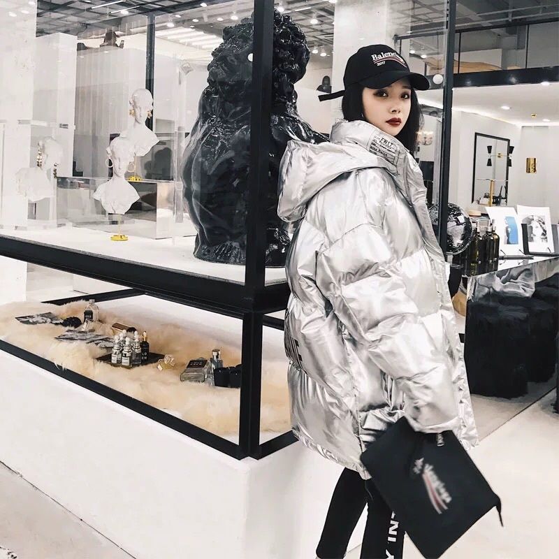 Dam vinter glansiga dunjackor kvinnlig lös tjock varm kappa parkas dam enfärgad huva ytterkläder  m370: Silver- / S