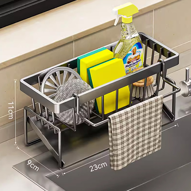 Estante de almacenamiento de Herramientas de limpieza de fregadero, escurridor multifuncional de cocina para esponja limpiadora, organizador, colgador de trapo: Gris