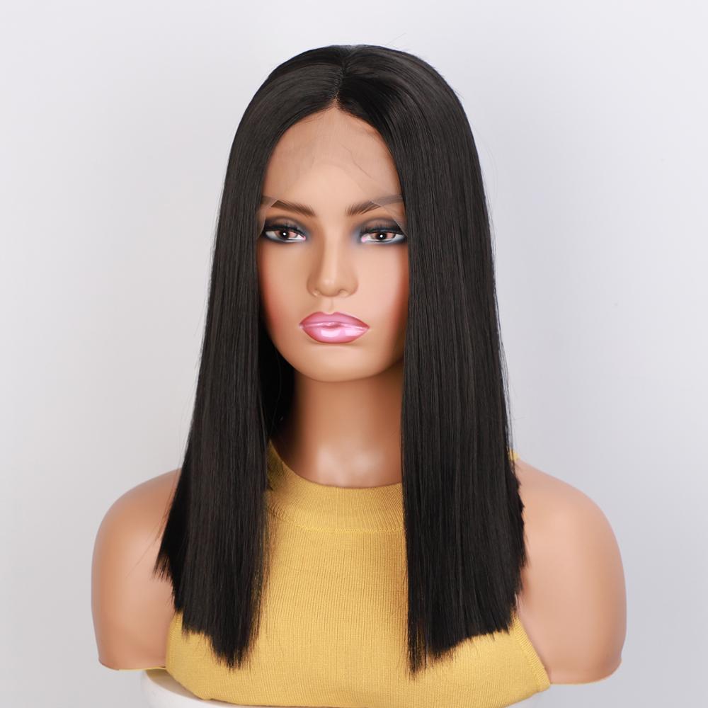 Stamped Glorious Korte Bob Lace Front Pruik Zwarte Rechte Synthetische Pruiken Voor Vrouwen Midden Divisie Gemiddelde Grootte Cap: Default Title