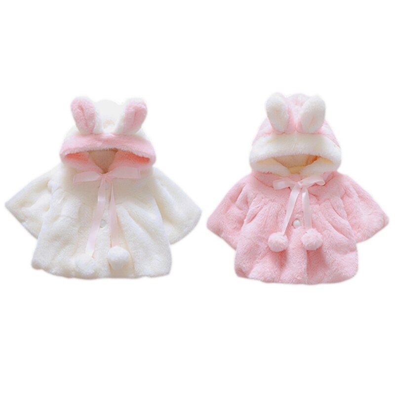 Manteau à capuche avec fourrure de lapin pour bébé fille, veste chaude et épaisse, rose et blanc, 0-4T