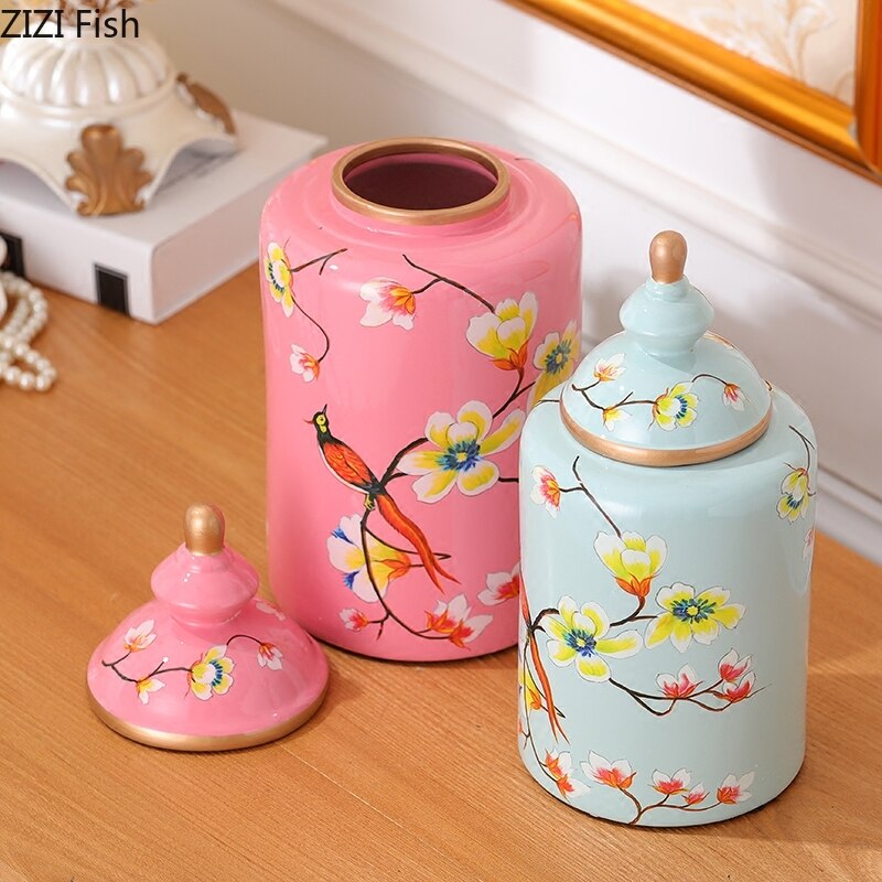 Jarrón de cerámica pintado de flores y pájaros jarrones clásicos jarrones antiguos de caramelo jarras de almacenamiento de porcelana multiusos decoración Vintage para el hogar