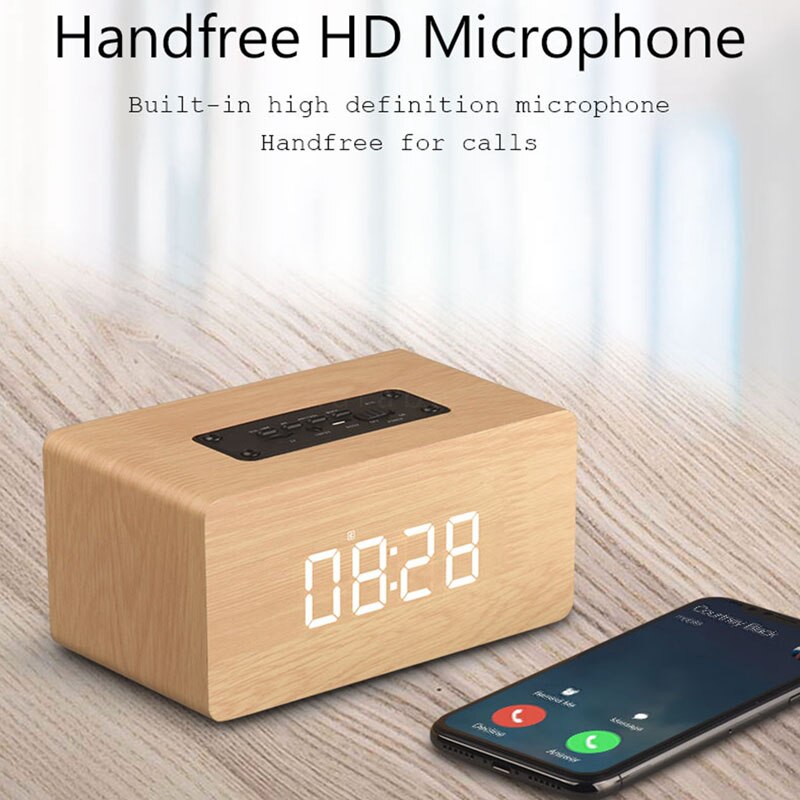 Houten Bluetooth Speaker Wekker Draadloze Draagbare HiFi Shock Bass Altavoz TF Soundbar MP3 Speaker FM Radio Microfoon: Yellow wood grain